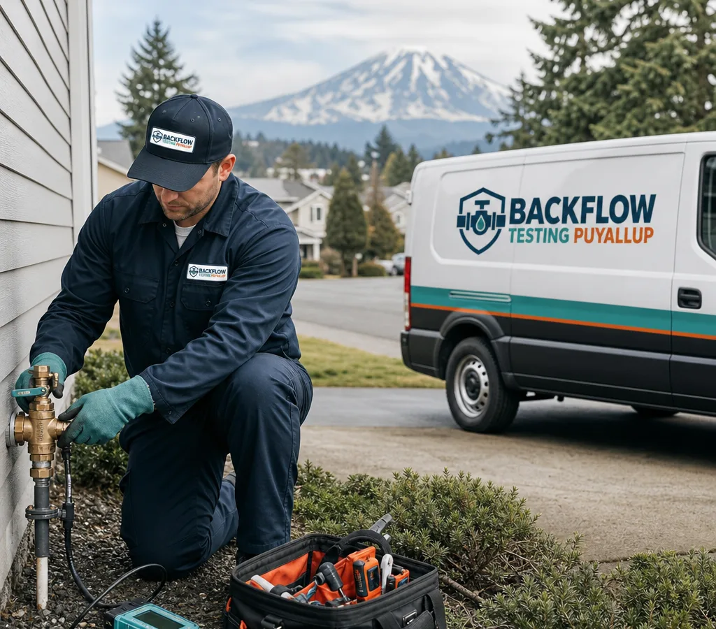 Uniformed plumber working at a residential main water line and shutoff in Puyallup, Washington