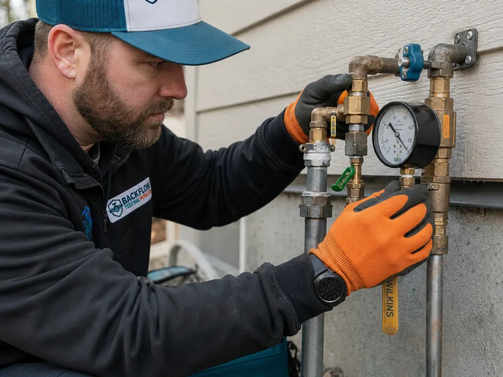 Plumber inspecting a residential shutoff valve, supply line, and pressure gauge setup