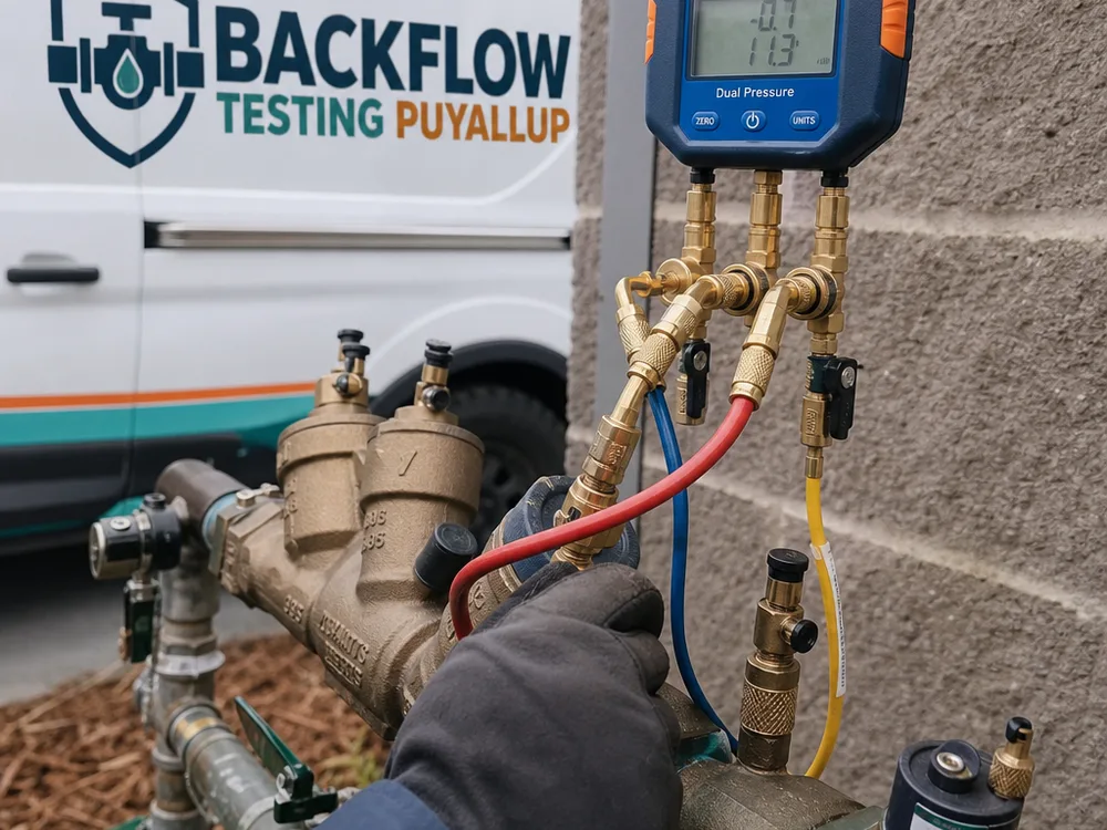 Backflow test gauge connected to test cocks on a reduced pressure backflow assembly