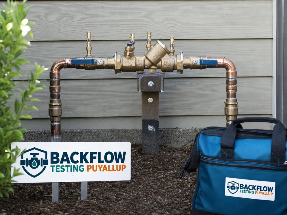 Neatly installed exterior backflow assembly with clearance around testing ports and shutoffs