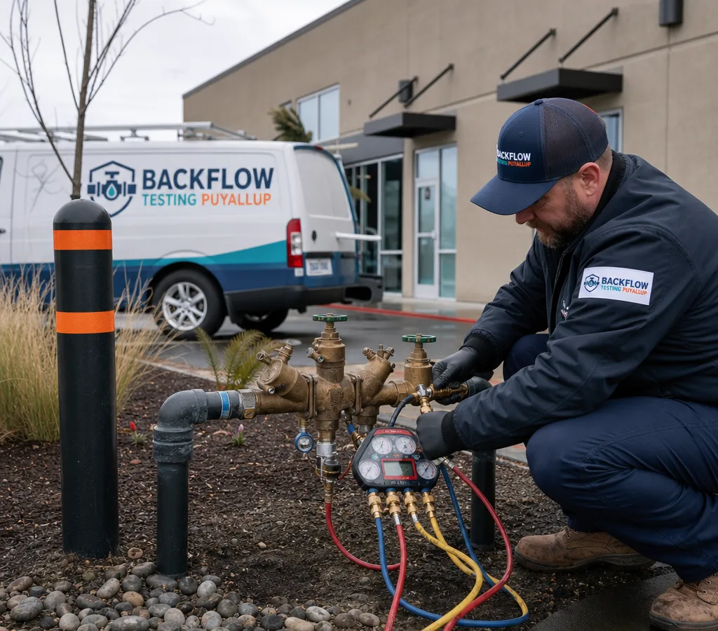 Certified backflow tester performing a field test on a reduced pressure assembly with a test gauge kit