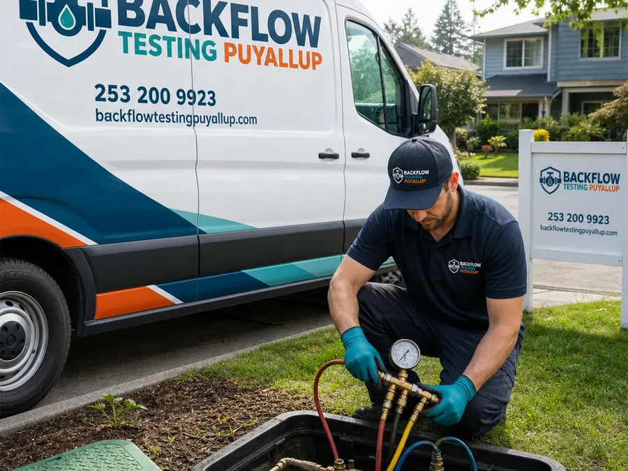 Technician connecting a calibrated differential pressure gauge to an irrigation backflow device