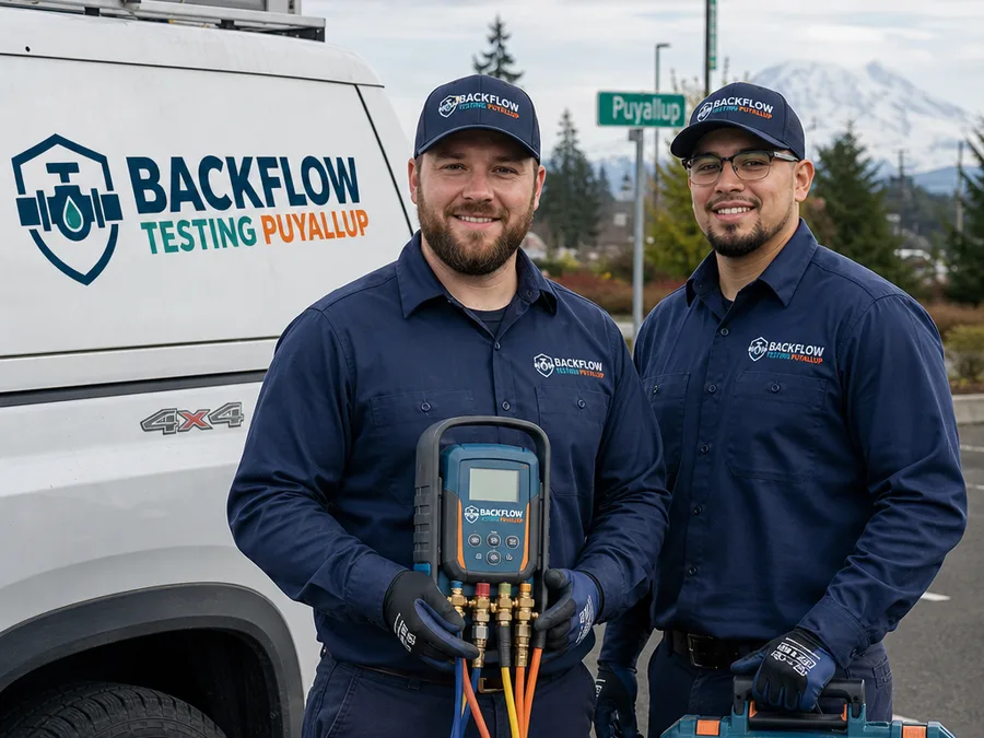 Two backflow testing technicians beside a service vehicle with test kits